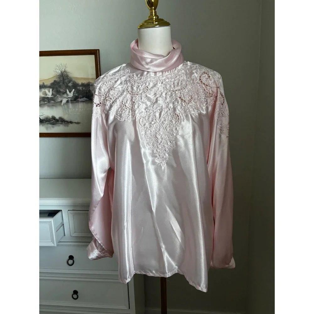 Vintage Rik Rak Pink Satin‎ Blouse Mock Neck Embroidered Cut Out Beaded Top 14